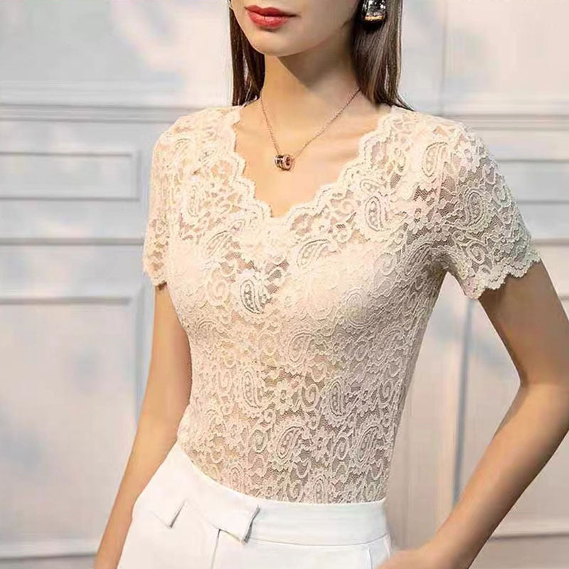 V-neck Hollow Sexy Lace Bottoming Shirt Innerwear Short Sleeve - Swefashionstore