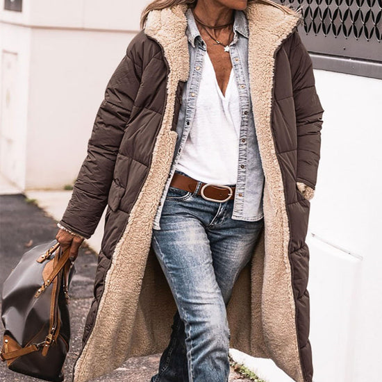 Enfärgad lång kappa med huva för kvinnor - Elegant dubbelsidig koftajacka för vintern