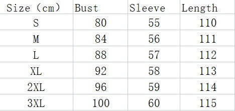 Size chart for women's solid fashion long sleeve elegant dresses, displaying bust, sleeve, and length measurements in centimeters for sizes S to 3XL.