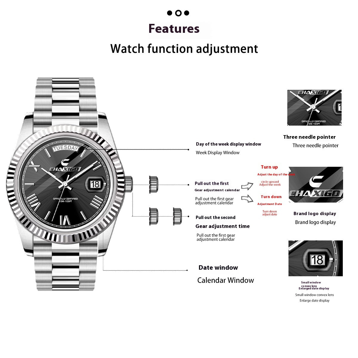 Men's quartz wrist watch with stainless steel strap and alloy case, featuring a round dial and mineral glass.