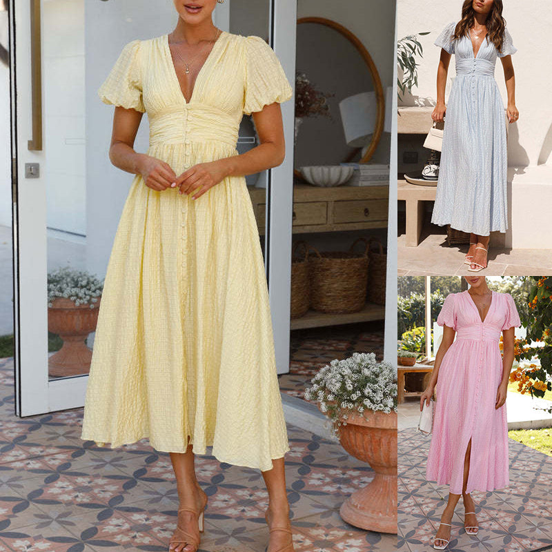 V-neck short-sleeved summer dress in yellow, pink, and blue options, showcasing stylish and comfortable design.