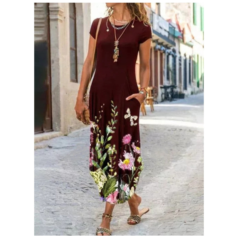 Round Neck Pocket Short Sleeve Trendy Printed Dress - Swefashionstore