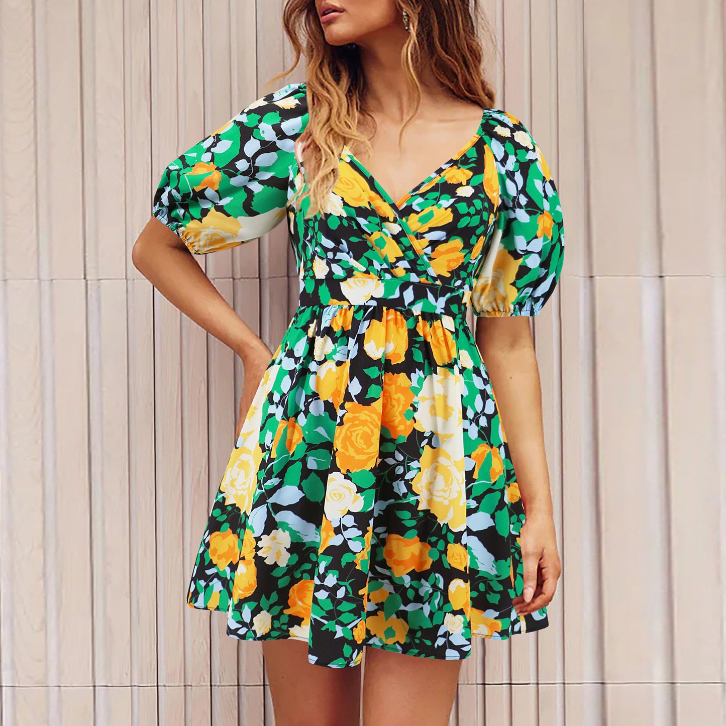 V-Neck Lantern-sleeve Dress