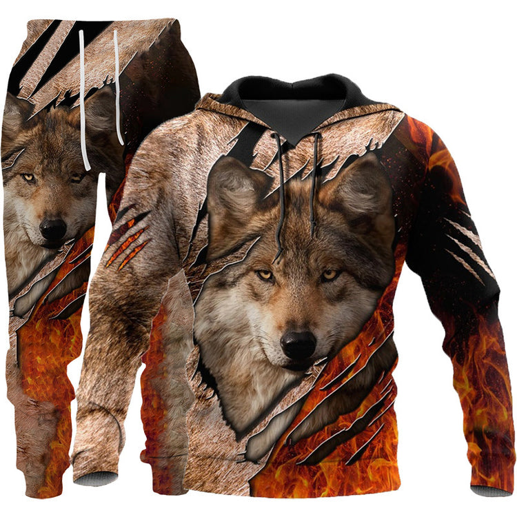 Newcomer Wolf Print Tracksuit Men Sportswear Hooded Sweatsuit - Swefashionstore
