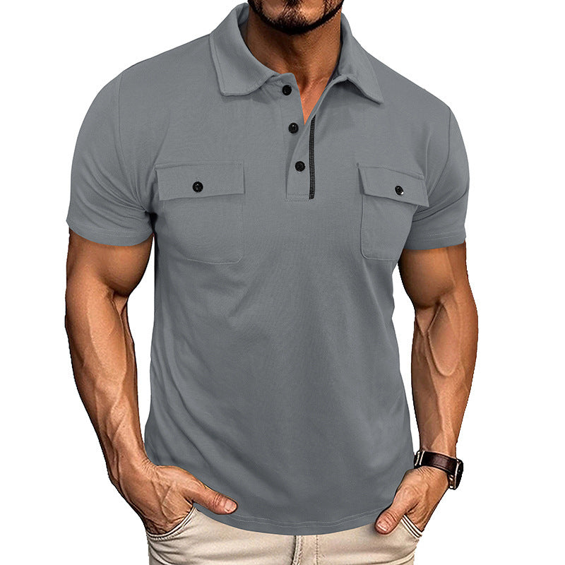 Polo shirt with pockets in gray, featuring short sleeves and outdoor fashion design.