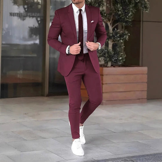 Two-piece Solid Color Slim-fit Coat Suit Pants - Swefashionstore
