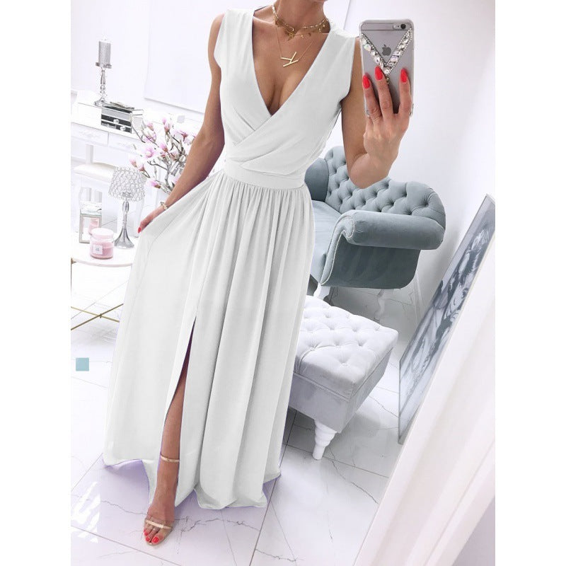 Summer Sleeveless And Ankle Skirt Solid V-neck Front Split Long Dress - Swefashionstore