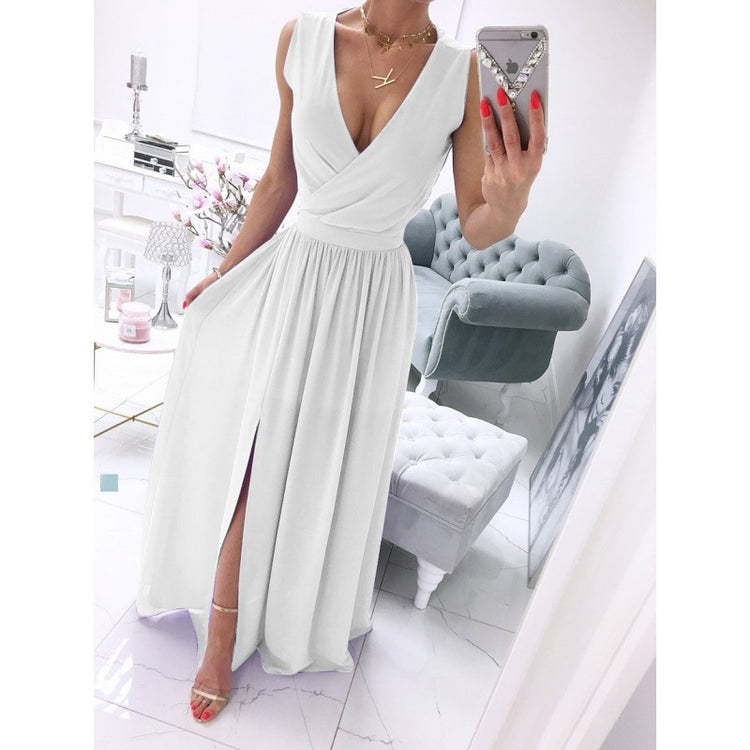 Summer Sleeveless And Ankle Skirt Solid V-neck Front Split Long Dress - Swefashionstore