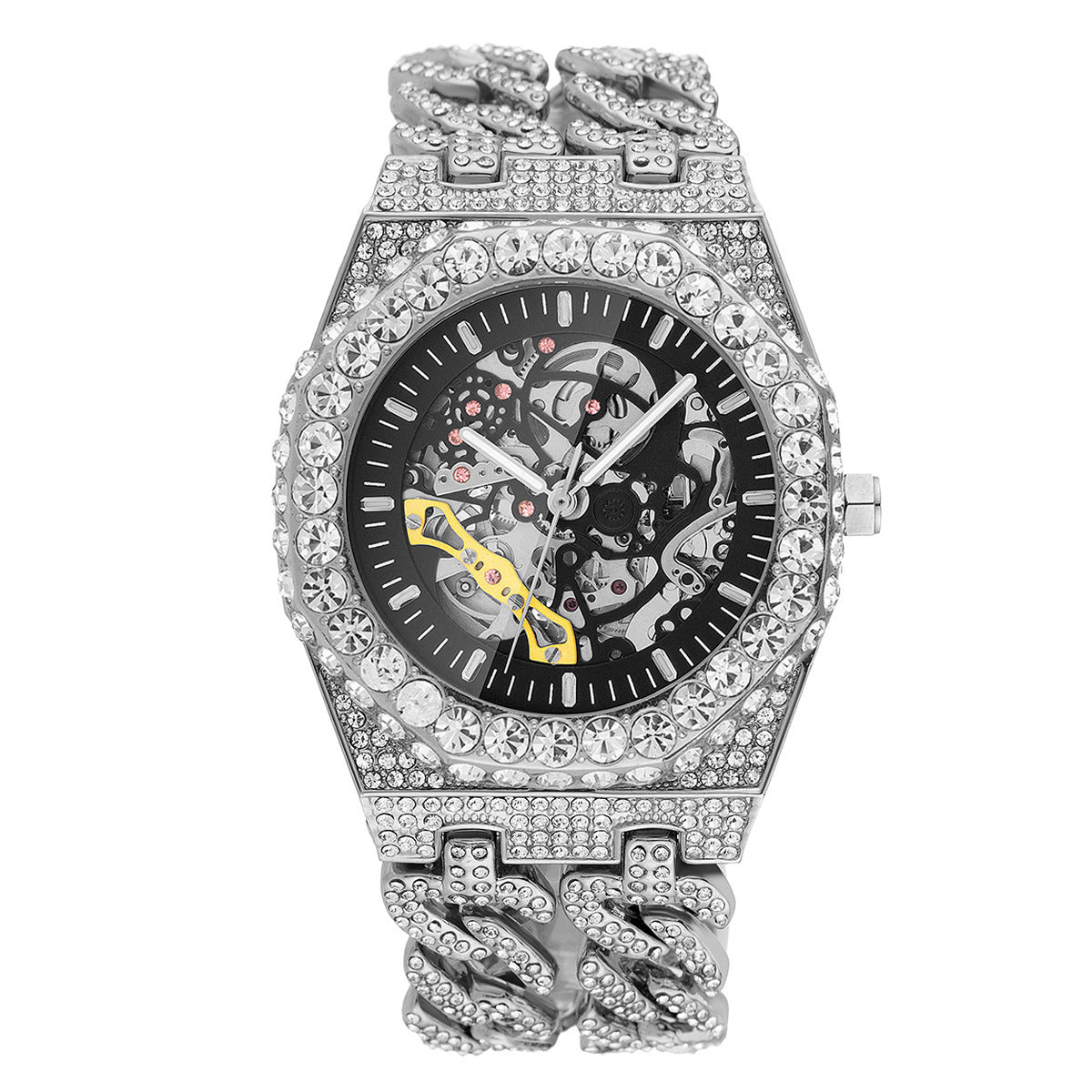 Full Diamond Hip Hop Cuban Link Chain Stitching Hollow Automatic Mechanical Watch - Swefashionstore