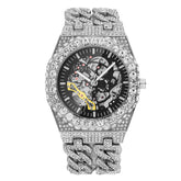Full Diamond Hip Hop Cuban Link Chain Stitching Hollow Automatic Mechanical Watch - Swefashionstore