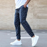 Fashion Plaid Print Pants Casual Drawstring Trousers Men&