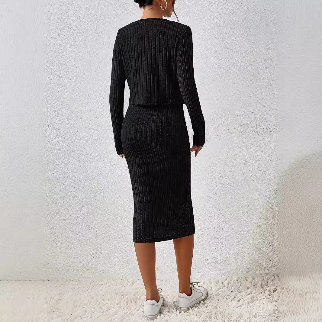 Front Button Cropped Top And Slim Fit Dress - Swefashionstore