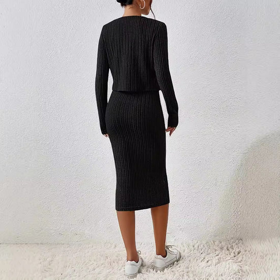 Front Button Cropped Top And Slim Fit Dress - Swefashionstore