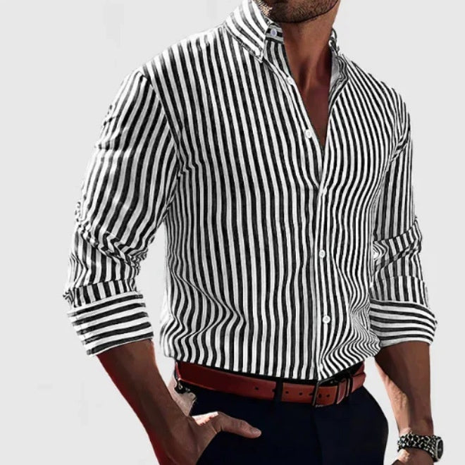 Ins Stripe Printed Long Sleeve Shirt Men Fashion Casual Lapel Button Top Clothing - Swefashionstore