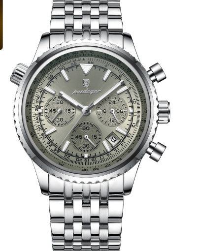 Men's watch with silver case, green dial, and stainless steel strap, featuring waterproof and multifunctional timing.