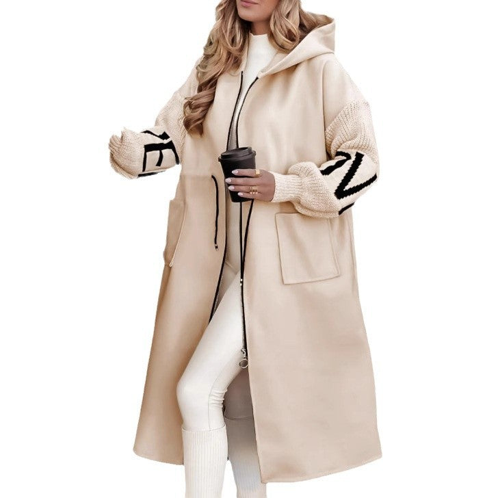 Hooded Windbreaker Long Jacket With Pockets And Drawstring Design Solid Color Knit-Sleeved Trench Coat For Women Clothing Fall Winter - Swefashionstore