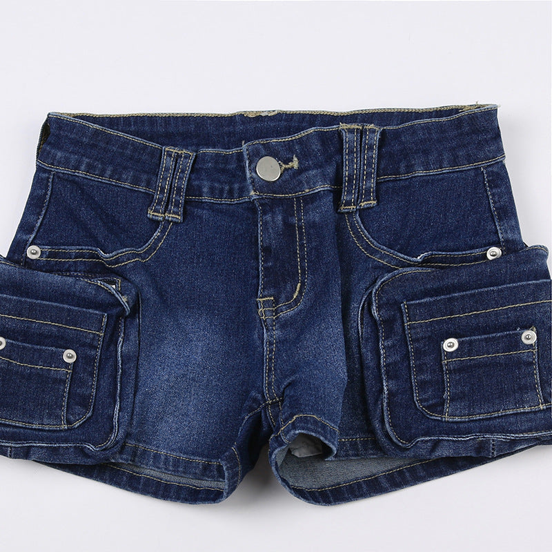 Street Washed Dark-Blue Pocket Splicing Low-Waist Short Jeans - Swefashionstore