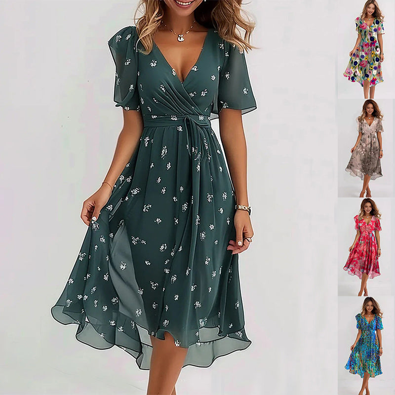 Chiffon Printed Short Sleeve Dress Summer Elegant V-neck Dresses Womens Clothing - Swefashionstore