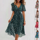 Chiffon Printed Short Sleeve Dress Summer Elegant V-neck Dresses Womens Clothing - Swefashionstore