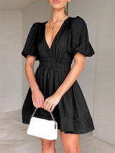 ELEGANT Summer Waist Trimming Dress V-Neck Lantern Sleeve - Swefashionstore