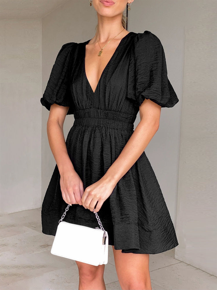 ELEGANT Summer Waist Trimming Dress V-Neck Lantern Sleeve - Swefashionstore