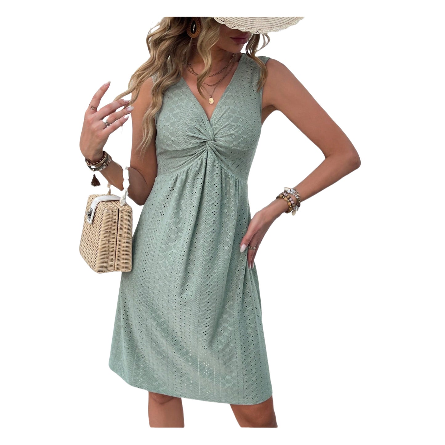 NEW FASHION V-neck Knot Sleeve-less Design Pleated Dress