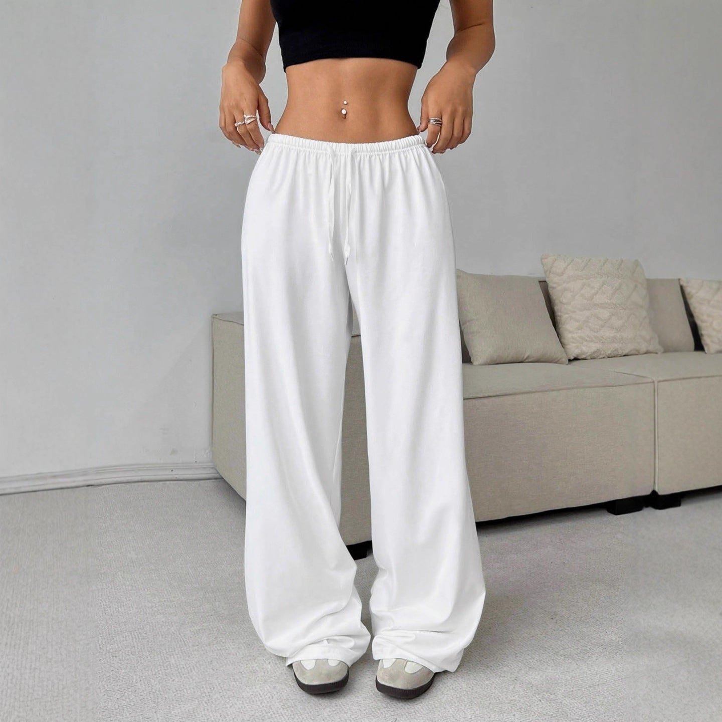Trousers Elastic Waistband Lace-up Wide-leg Casual Pants - Swefashionstore