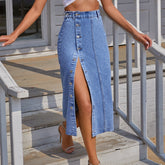 NEW Button Irregular Slit DENIM High Waist Skirt - Swefashionstore