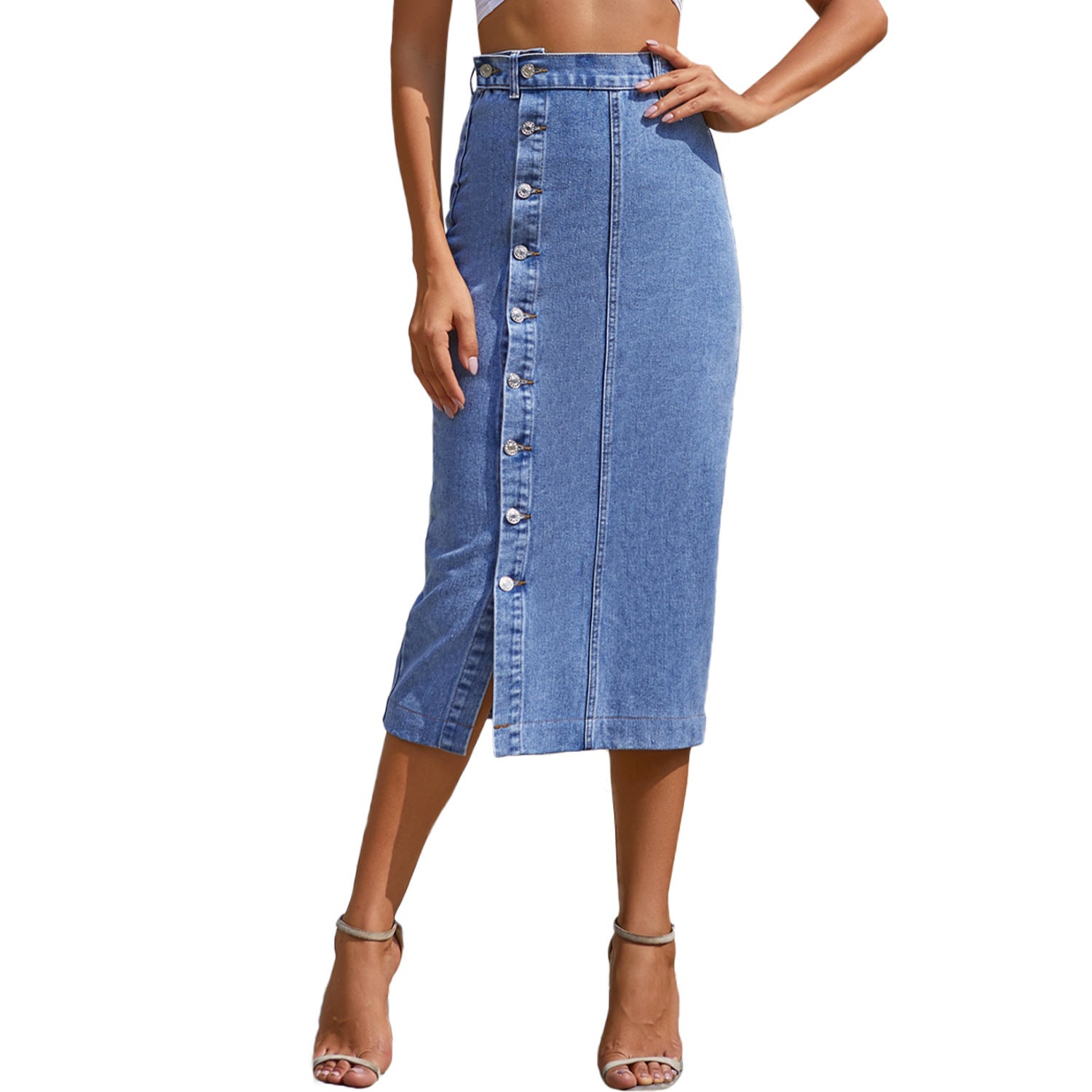 NEW Button Irregular Slit DENIM High Waist Skirt - Swefashionstore