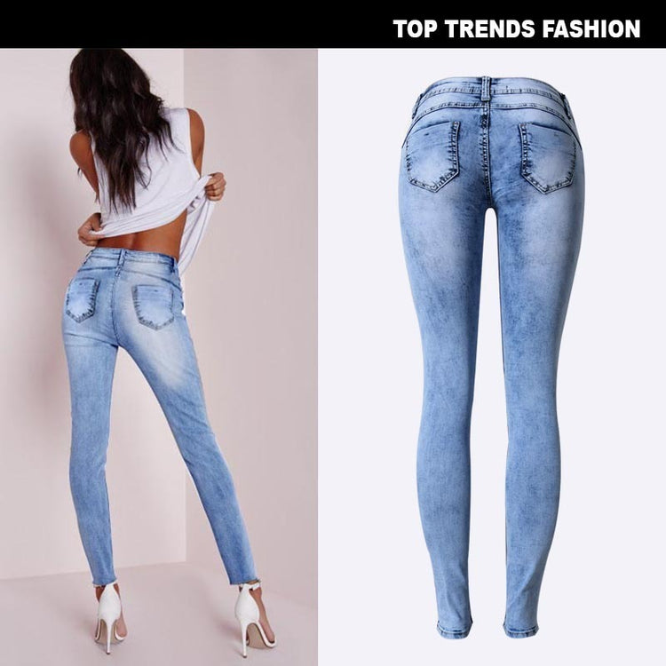SUMMER Style LOW-WAIST Sky Blue Patchwork SKINNY Pencil Jeans - Swefashionstore