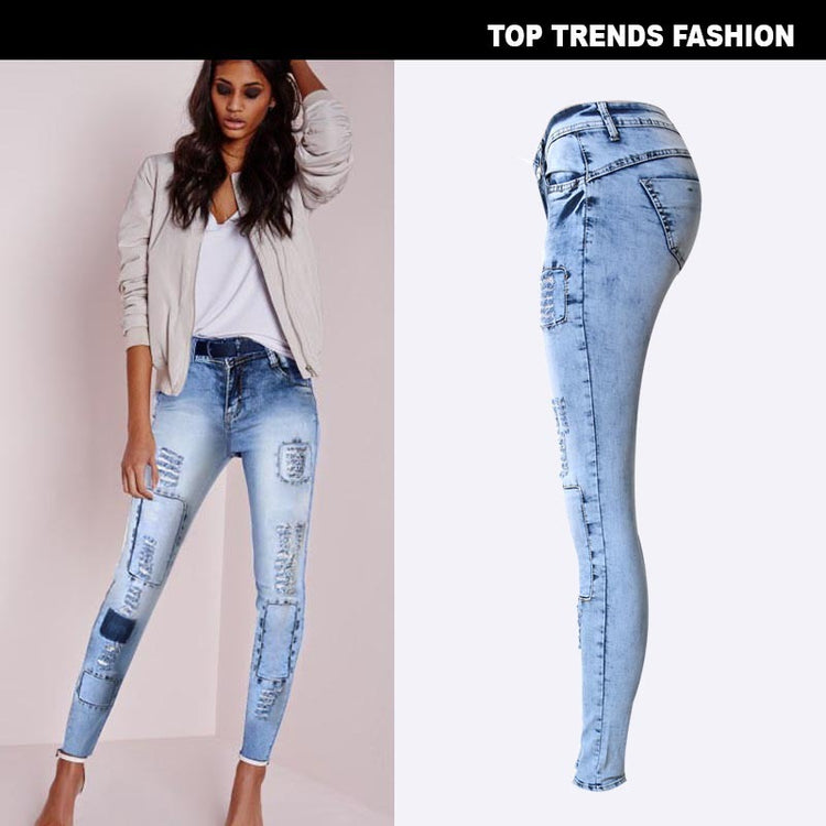 SUMMER Style LOW-WAIST Sky Blue Patchwork SKINNY Pencil Jeans - Swefashionstore