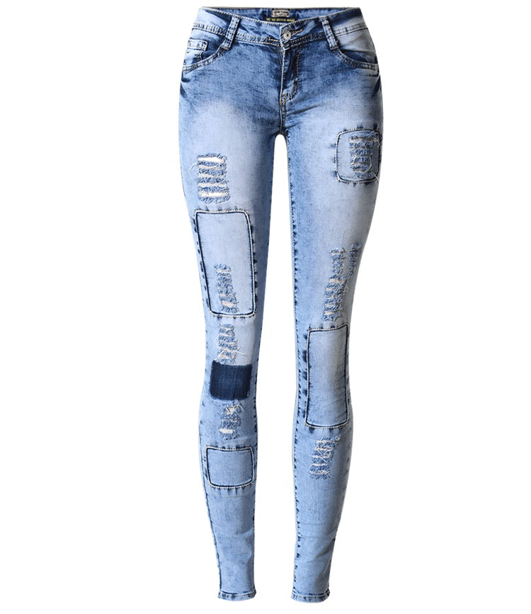 SUMMER Style LOW-WAIST Sky Blue Patchwork SKINNY Pencil Jeans - Swefashionstore
