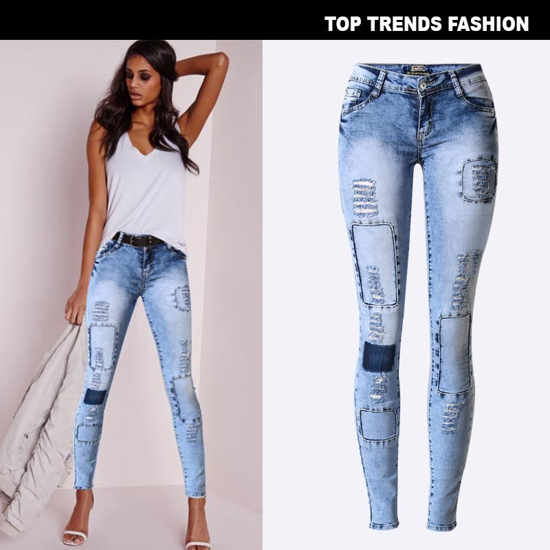 SUMMER Style LOW-WAIST Sky Blue Patchwork SKINNY Pencil Jeans - Swefashionstore