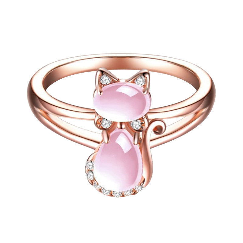 Rose Gold Plated Crystal Cute Animal Cat Ring Hibiscus Stone Crystal Diamond Ring Women Party Jewelry For Pet Lovers - Swefashionstore