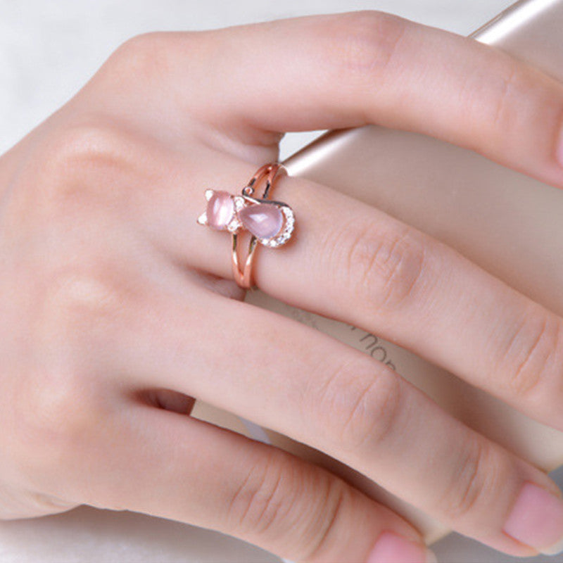 Rose Gold Plated Crystal Cute Animal Cat Ring Hibiscus Stone Crystal Diamond Ring Women Party Jewelry For Pet Lovers - Swefashionstore