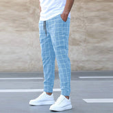 Fashion Plaid Print Pants Casual Drawstring Trousers Men&