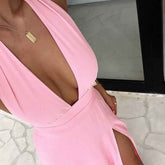 Halterneck V-neck Slit Dress for Effortless Style - Swefashionstore