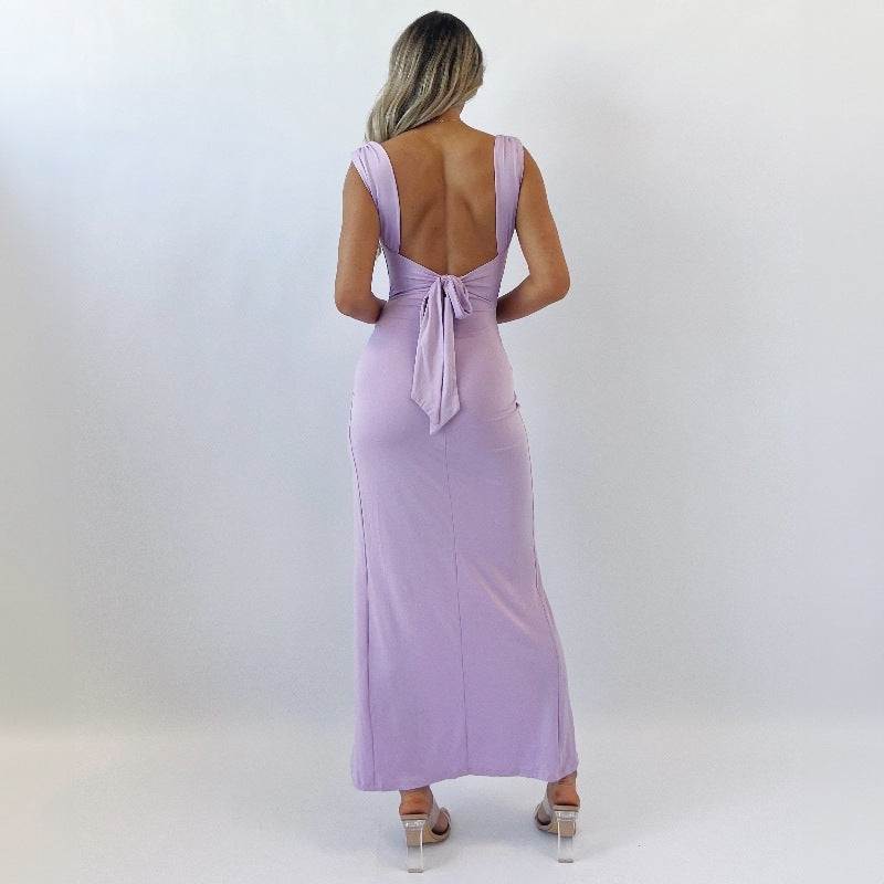 Slim Sleeveless Slit Dress With Back Tie Design - Swefashionstore