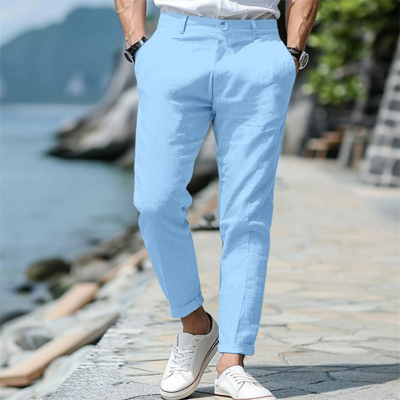 LINEN SUMMER Button Front Slant Pocket Straight-leg Trousers