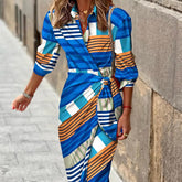 Fashion Printed Shirt Dress With Belt Slim Fit Three-quarter Sleeve Lapel Dress For Women Clothing - Swefashionstore