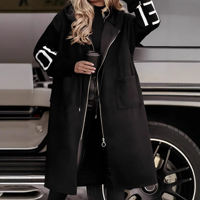 Hooded Windbreaker Long Jacket With Pockets And Drawstring Design Solid Color Knit-Sleeved Trench Coat For Women Clothing Fall Winter - Swefashionstore