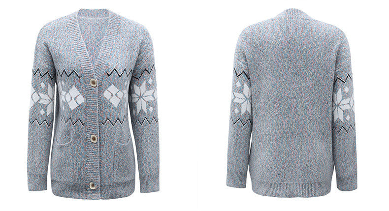 Single-breasted pocket women's knit sweater with snowflake pattern and V-neck.