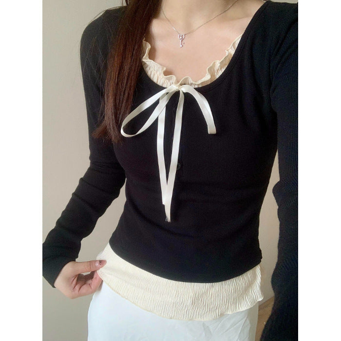 Adult woman wearing Pure Desire Lace Inner Match Bottoming Shirt in black with ribbon detail.