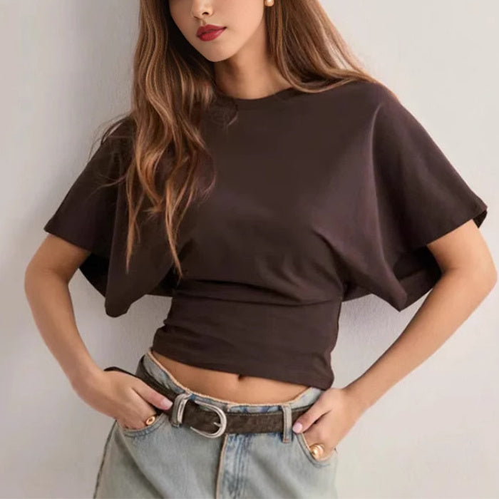 Summer Batwing Sleeve T-shirt in dark color with loose fit and short sleeves, styled for teenagers.