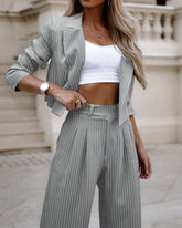 Fashion Striped Suits for Women - Casual Lapel Long Sleeve Cropped Top and Straight Pants Outfits - Swefashionstore
