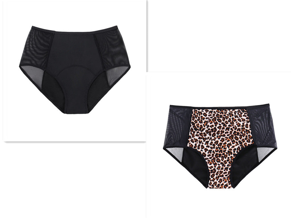 Black and leopard print 4-layer absorption menstrual briefs made of nylon with cotton liner.