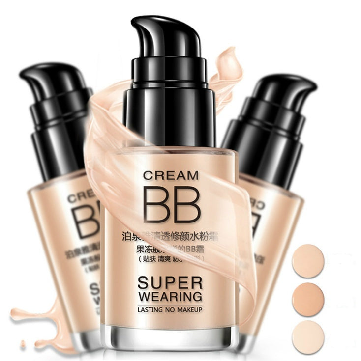 Clear and sleek hydrating cream nude makeup BB cream bottle with swatches.