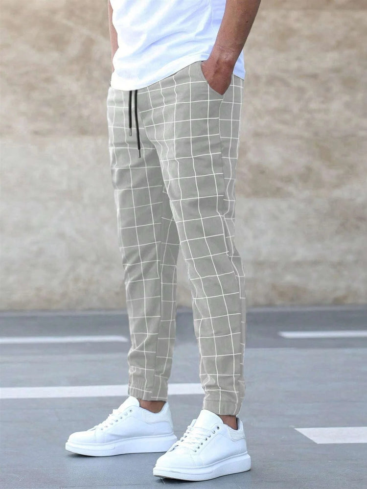Fashion Plaid Print Pants Casual Drawstring Trousers Men&