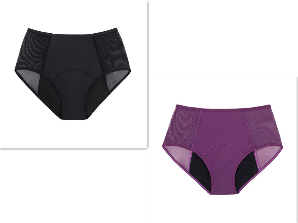 4-layer absorption menstrual brief in black and purple, featuring nylon fabric and cotton lining.