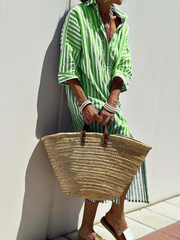 Striped Shirt Dress With Belt Fashion Half-sleeved For Women - Swefashionstore